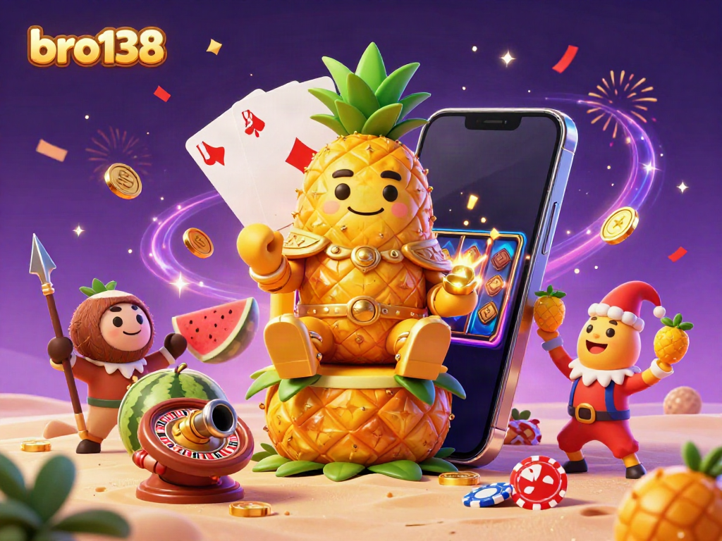 Experience the thrills of bro138 with a golden pineapple king and colorful casino elements animated in stunning detail.