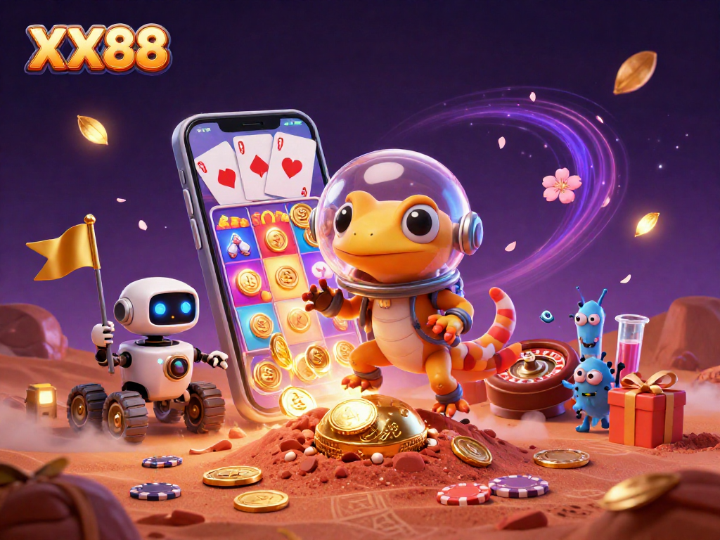 Experience the thrill of gaming with XX88's Martian gecko in a colorful casino scene