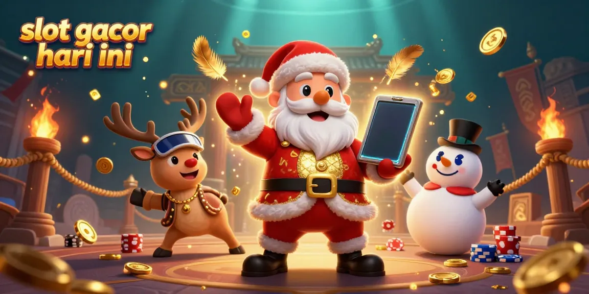 Engaging scene of slot gacor hari ini featuring Santa with jackpot slots, reindeer dealer, and poker chip snowman.