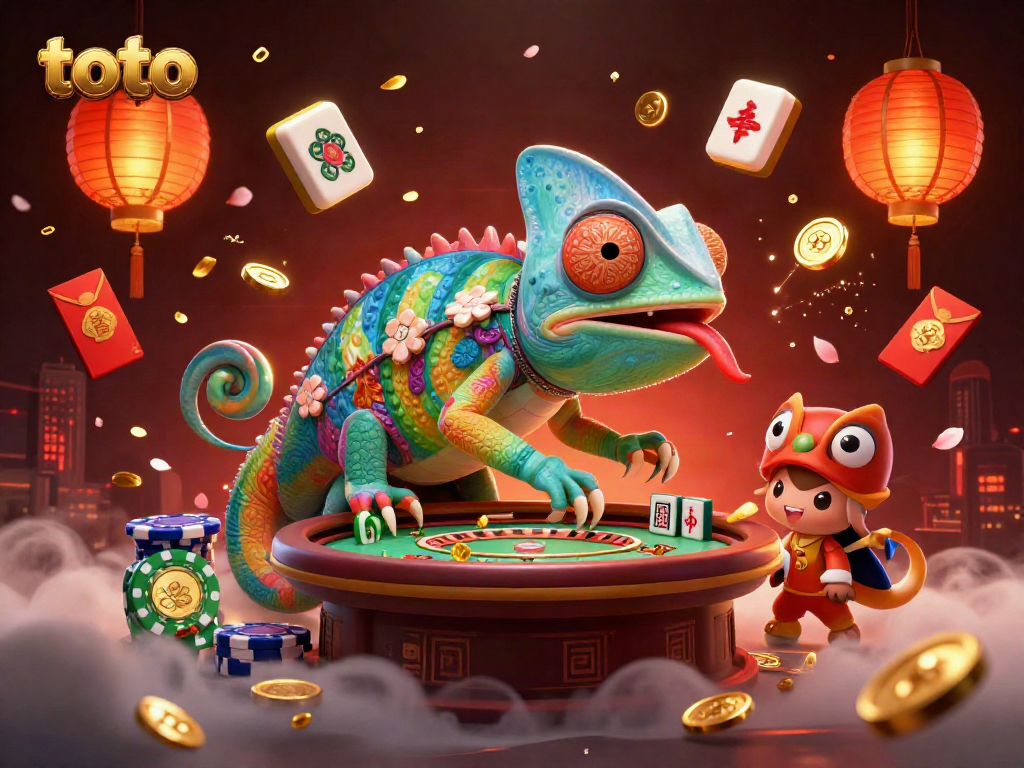 Engage with toto in an exciting casino scene featuring a colorful chameleon owner and festive gaming elements.