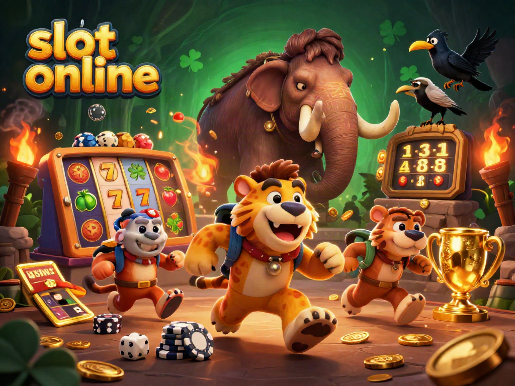 Experience thrilling slot online action in a vibrant prehistoric casino scene with lively characters.