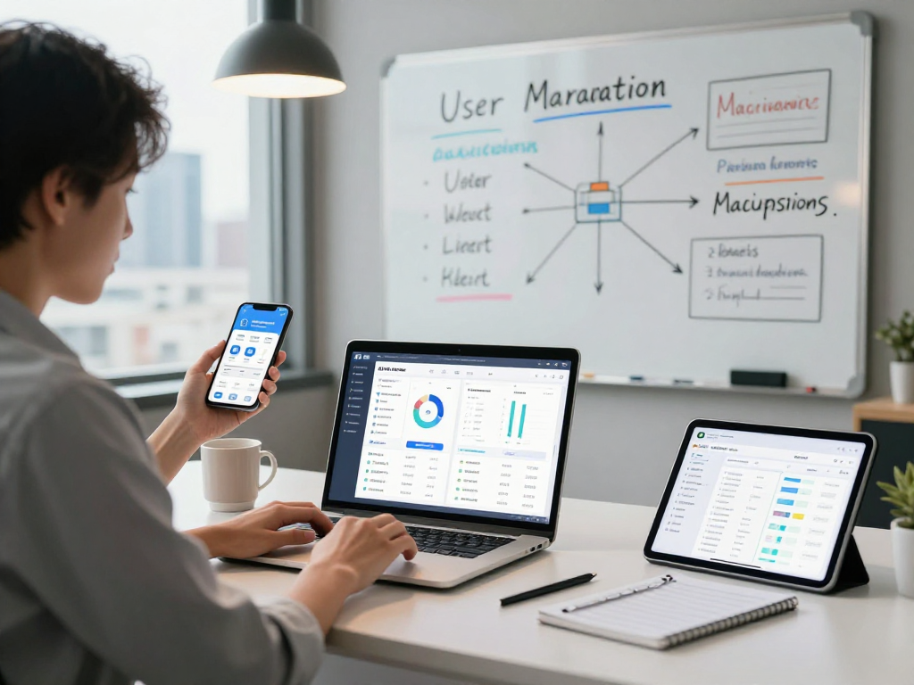 Buy app downloads in a marketing workspace with analytics dashboards and strategy notes.