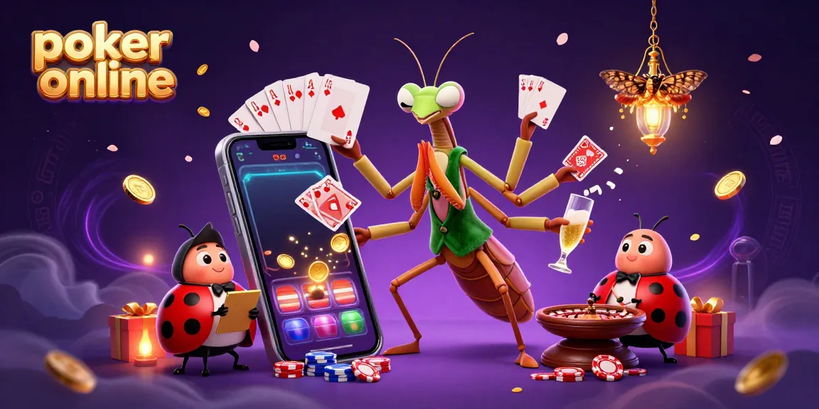 Experience poker online excitement with a 3D cartoon scene featuring a mantis card sharp and ladybug pit boss.