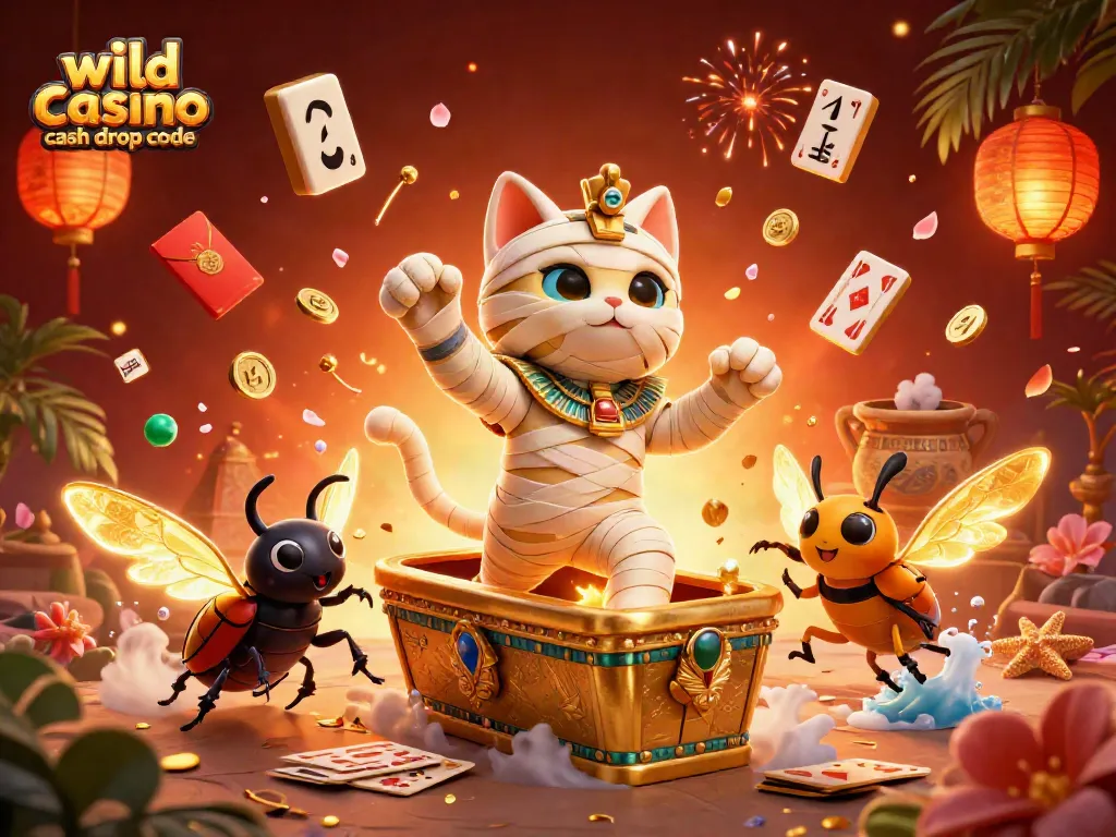 Claim your wild casino cash drop code from the immersive pyramid-themed scene filled with dynamic casino elements.
