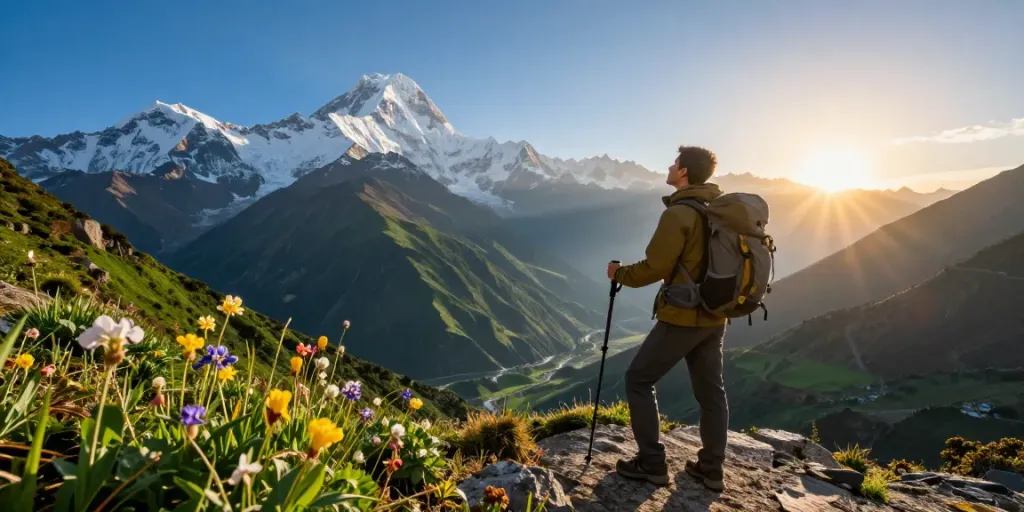 Manaslu Trek traveler at sunrise overlooking mountains and valleys during an adventurous hike.