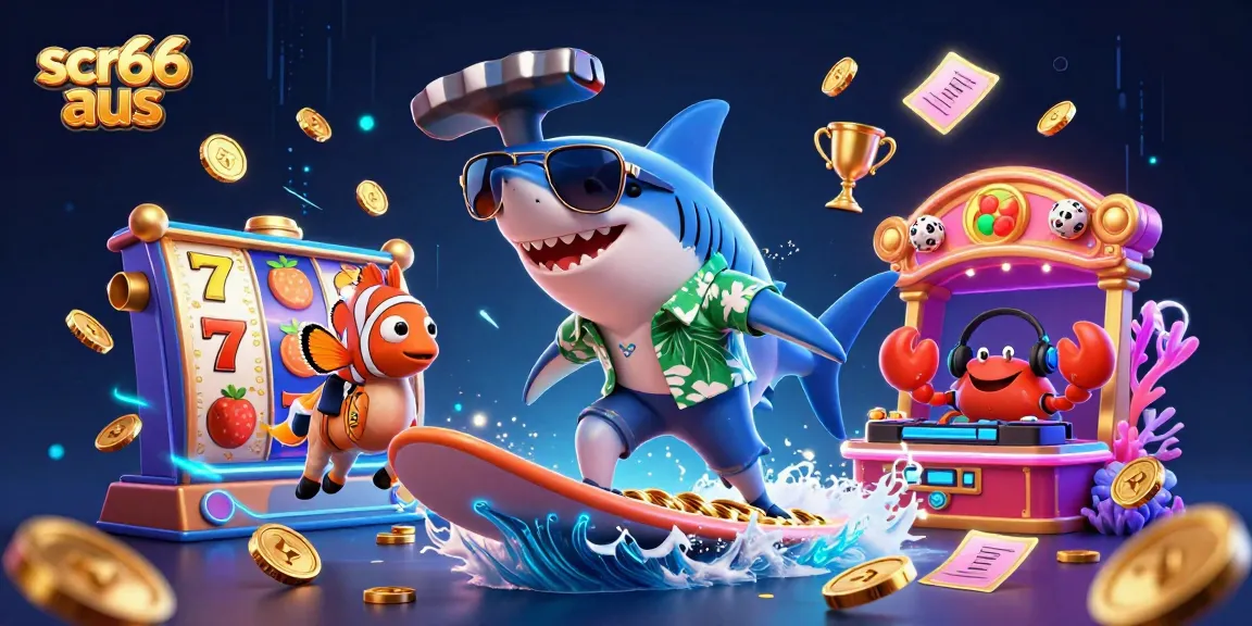 Experience the excitement of scr66 aus with a lively scene featuring a shark, clownfish, and crab in a vibrant casino.