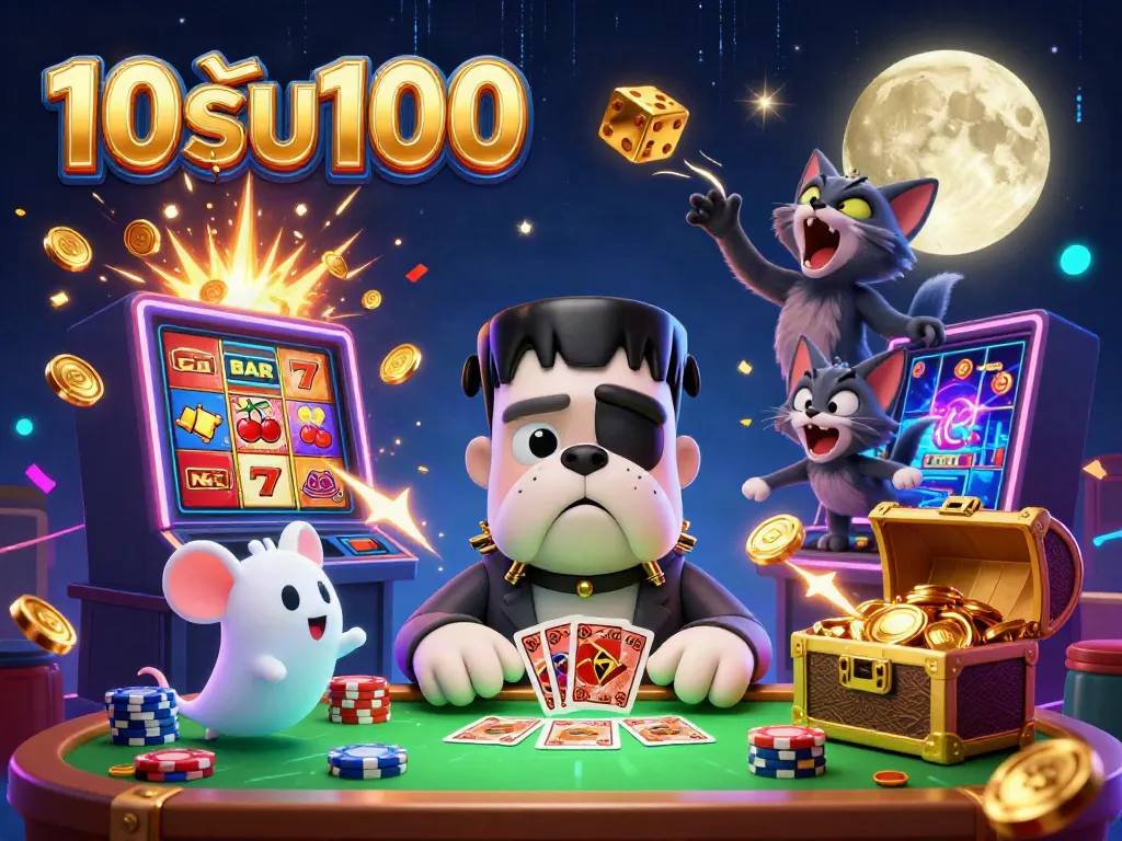 เล่นเกมคาสิโนออนไลน์กับโปรโมชั่น 10รับ100 ที่น่าตื่นเต้น บนพื้นหลังที่มืดและมีบรรยากาศแฟนตาซี