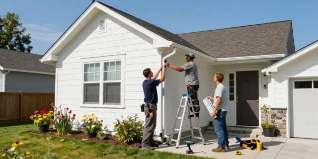 Professional Spokane gutter company installing seamless gutters on a sunny residential home.