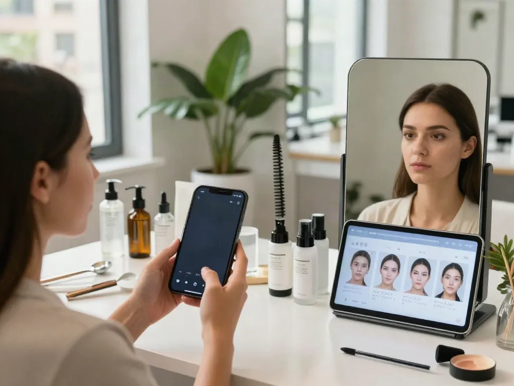 Individual exploring alternatives to QOVES using facial analysis technology in a modern setting.