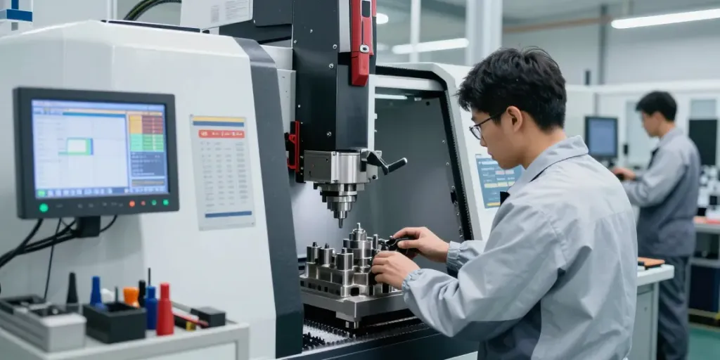 CNC machining parts being expertly crafted in a modern workshop.