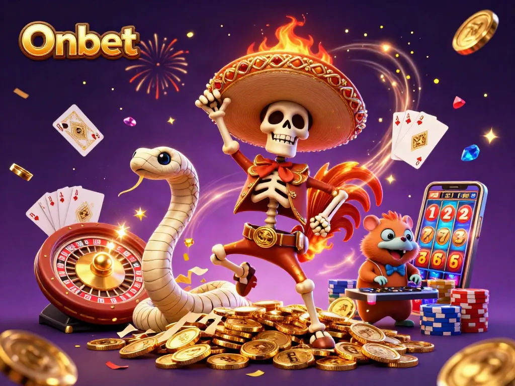 Join the Onbet celebration with a mariachi rooster, mummy snake, and DJ hamster in this vibrant casino scene.