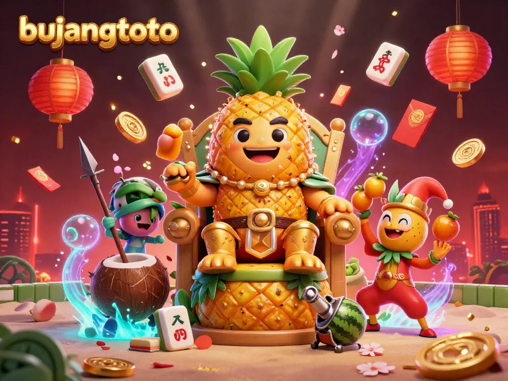 Join the fun at bujangtoto's beach casino with vibrant colors and cartoon characters amidst a lively atmosphere.