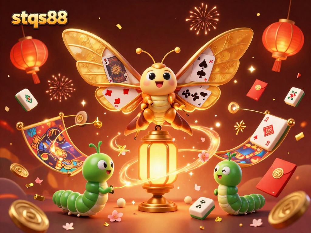 Engage with stqs88's vibrant casino scene featuring a majestic moth, Chinese lanterns, and gold elements.