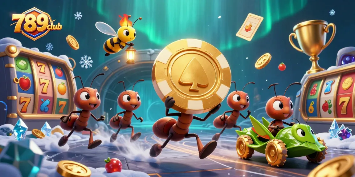 Engage with 789club's thrilling heist scene featuring cartoon ants and casino elements.