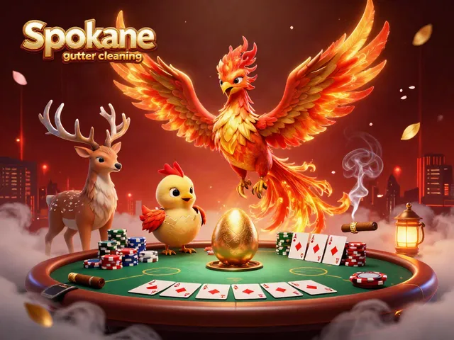 Experience Spokane gutter cleaning with style; a fiery phoenix leads a casino scene filled with poker elements.