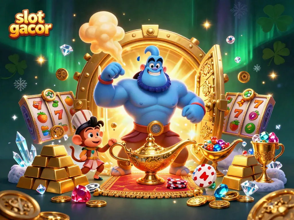 Spin to win with slot gacor featuring a genie, treasure, and poker chips in a dazzling illustration.