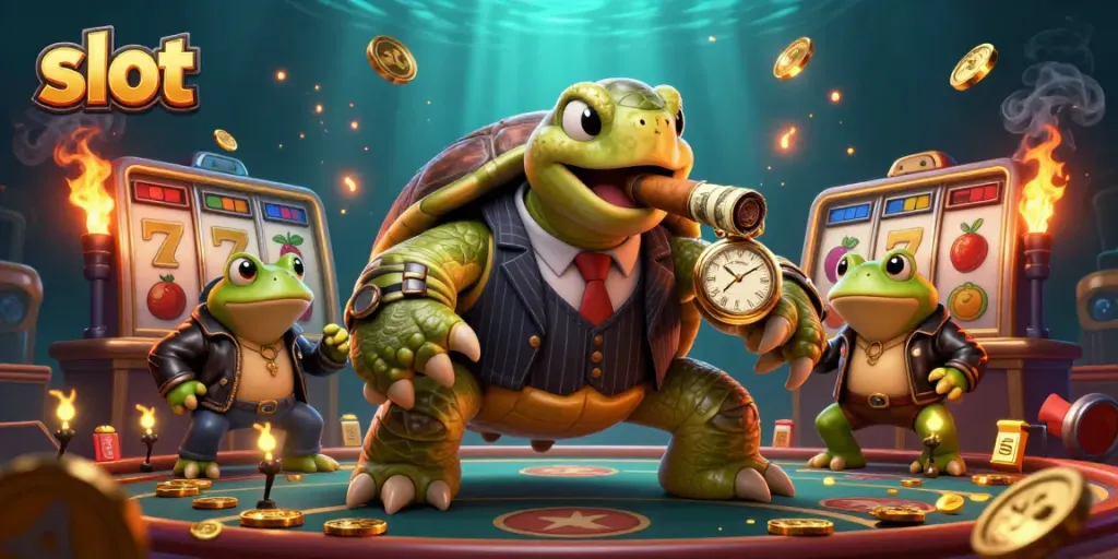 Slot adalah simbol kemenangan di kasino yang diilustrasikan dalam suasana kasino yang meriah.