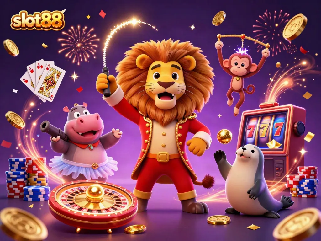 Experience the excitement of slot88 with a dynamic scene featuring playful casino characters and vibrant gaming elements.