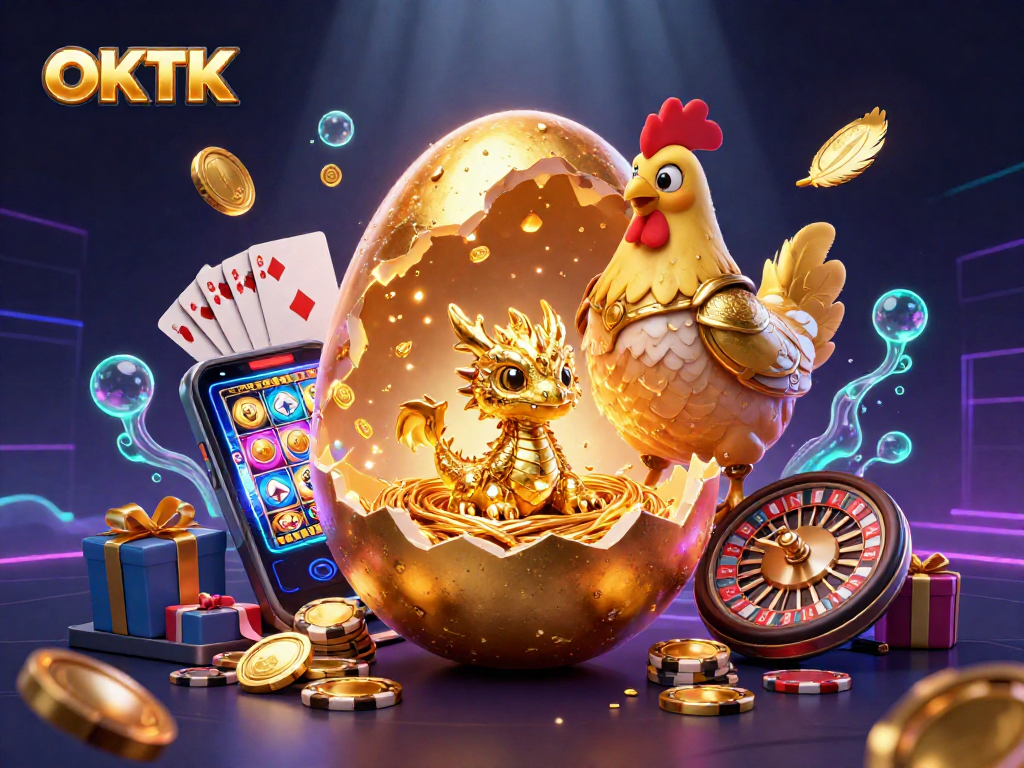 Engage with OKTK's vivacious scene showcasing a golden dragon amidst casino elements.