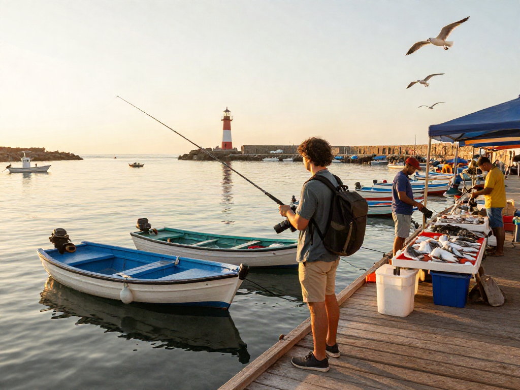 Enjoying a qris slot fishing experience at sunrise along a colorful coastal harbor.