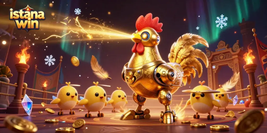Permainan mengasyikkan di istana win, dengan robot ayam emas dan drone berbulu, berpesta bersama.