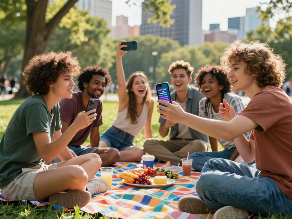 Group of friends enjoying an attractiveness test in a park, showcasing fun and engagement with technology.