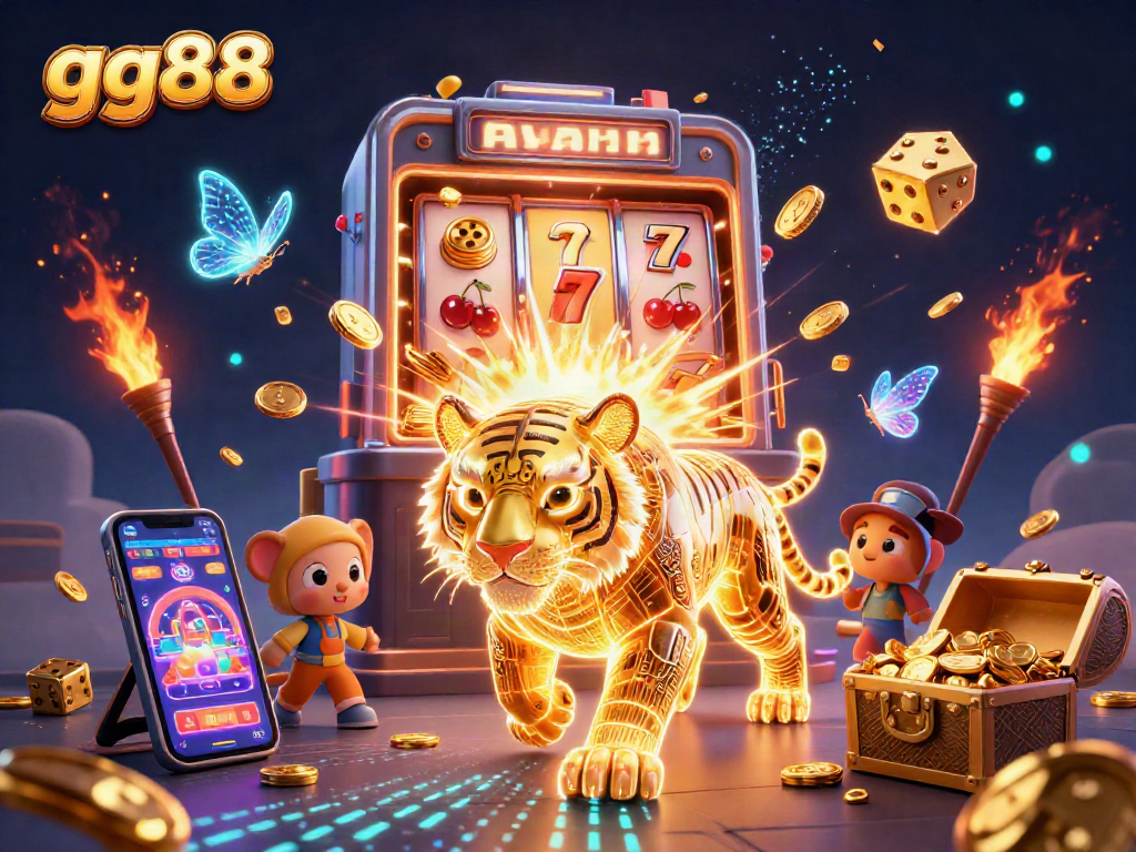 Experience winning excitement at gg88 with a neon-wireframe golden tiger in a vibrant casino.