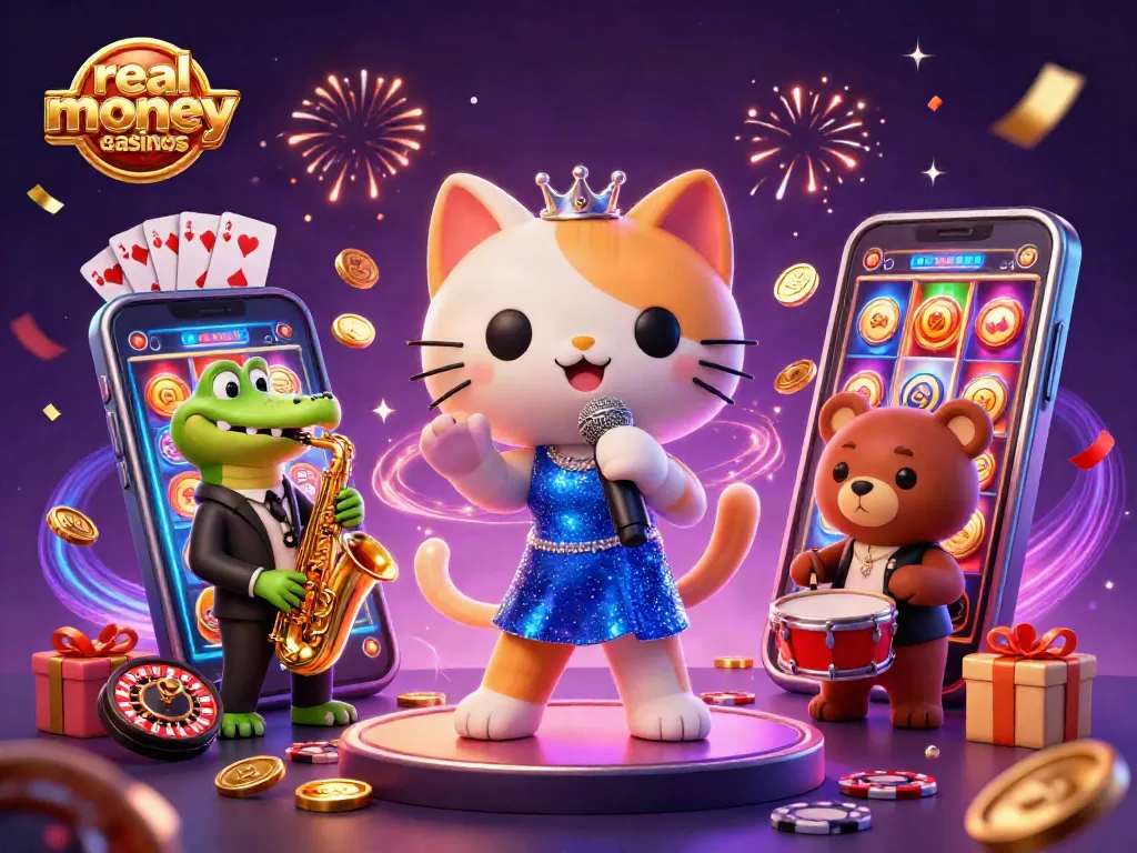 Engage with real money casinos Australia featuring lively 3D characters enjoying gameplay and dynamic casino elements.