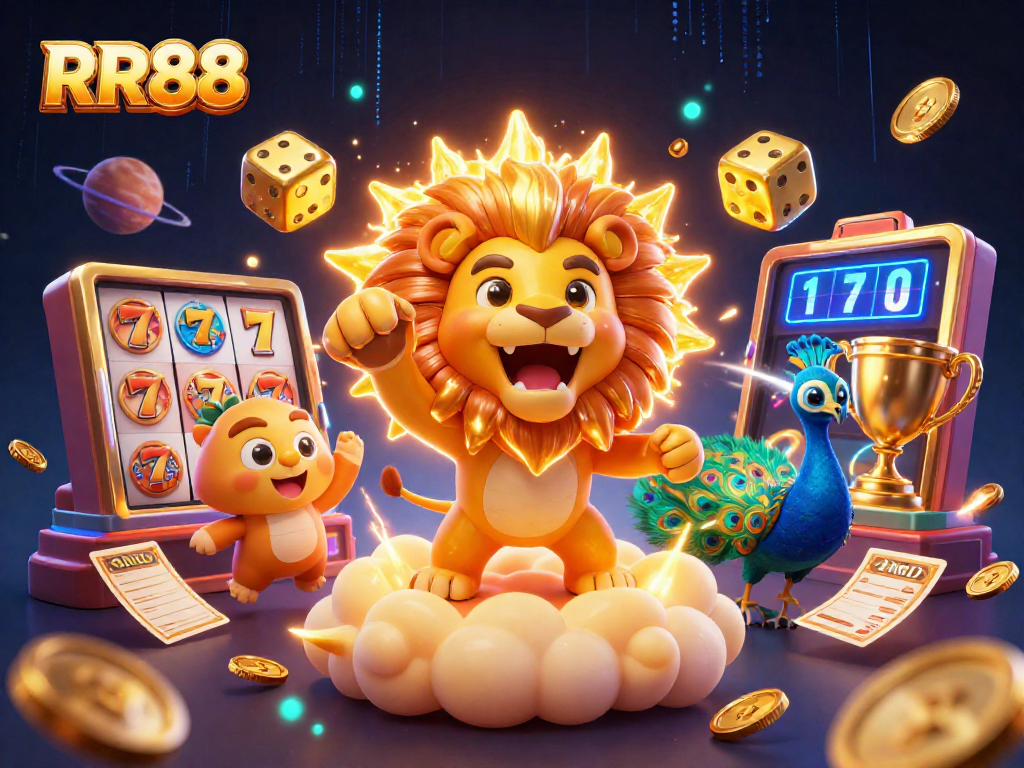 Experience the thrill of RR88 with a 3D lion symbolizing triumph amidst golden slots and vibrant gaming elements.