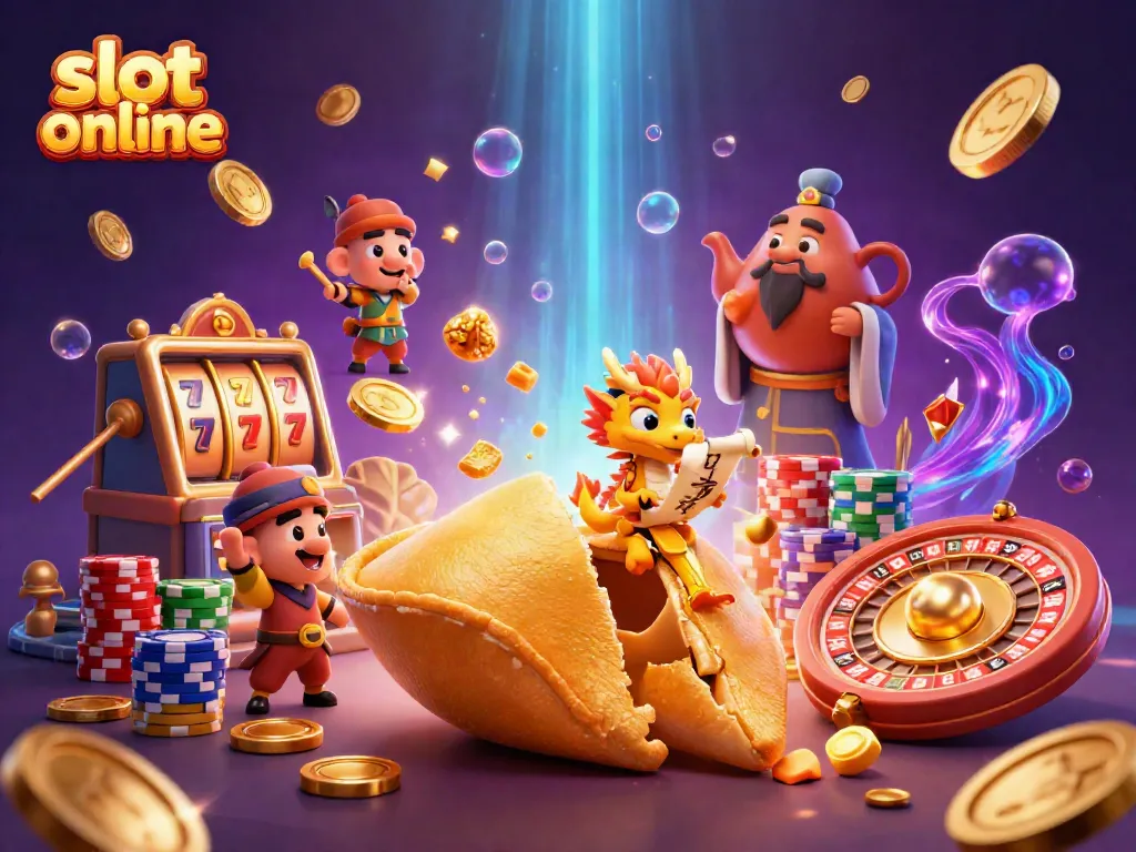 Experience the thrill of playing slot online with dynamic visuals of interactive gaming elements and golden treasures.