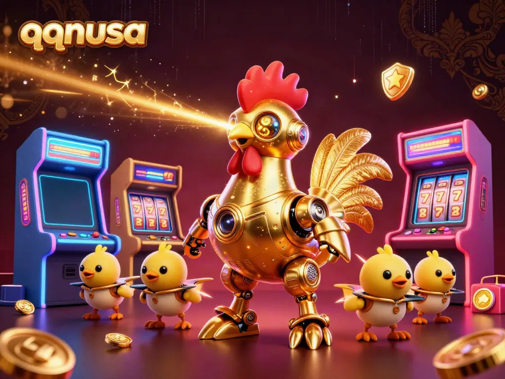 Engage with exciting games at qqnusa with a vibrant casino-themed illustration featuring a golden rooster robot shooting laser beams.
