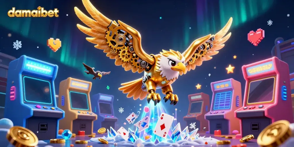 Experience damaibet with immersive 3D scenes of cybernetic elements intertwined with holographic casino visuals.