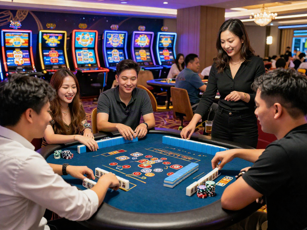 Exciting gaming table capturing the thrill of Slot Gacor MAHJONGJP88 with friends in a lively casino atmosphere.
