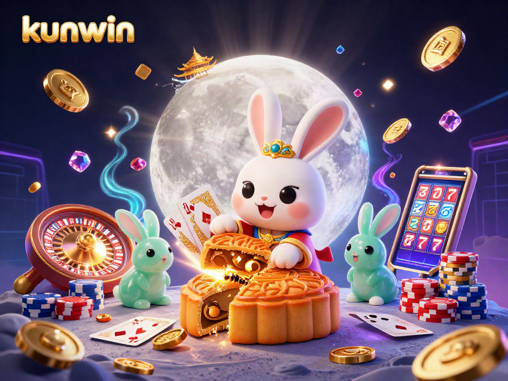 Play and win with kunwin's lively casino scene featuring cartoon rabbits and vibrant gaming elements.