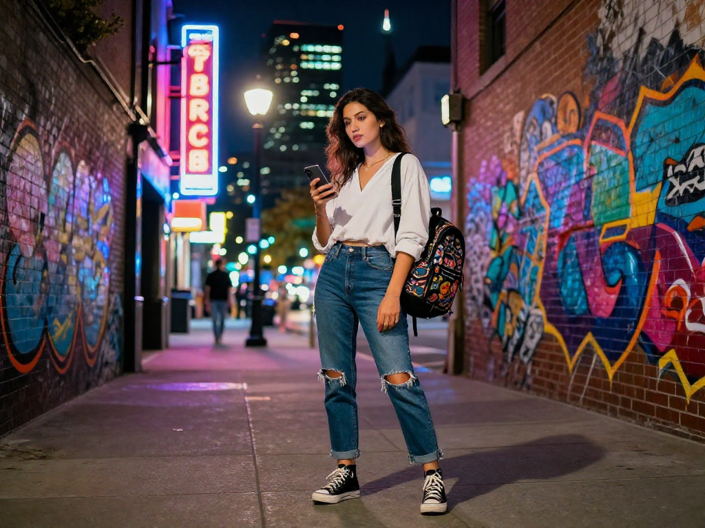 Gái gọi trong không gian đô thị sống động với ánh đèn neon, thể hiện phong cách trẻ trung.