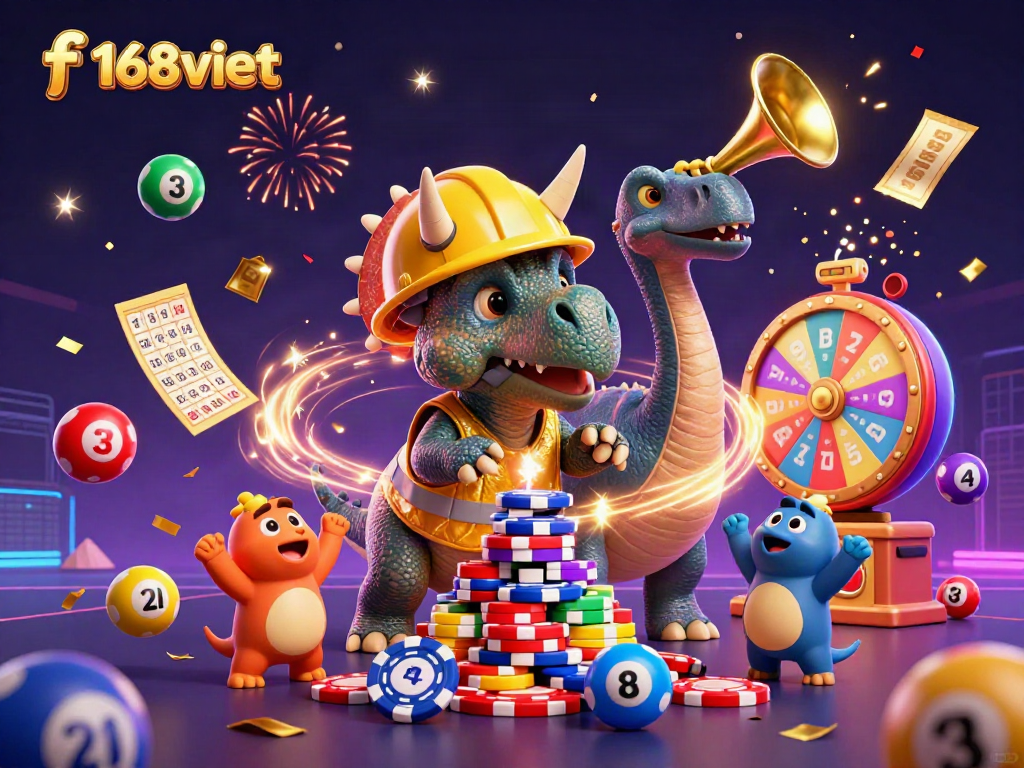 Join f168viet in celebrating with exciting gaming elements, vibrant balls, and confetti!