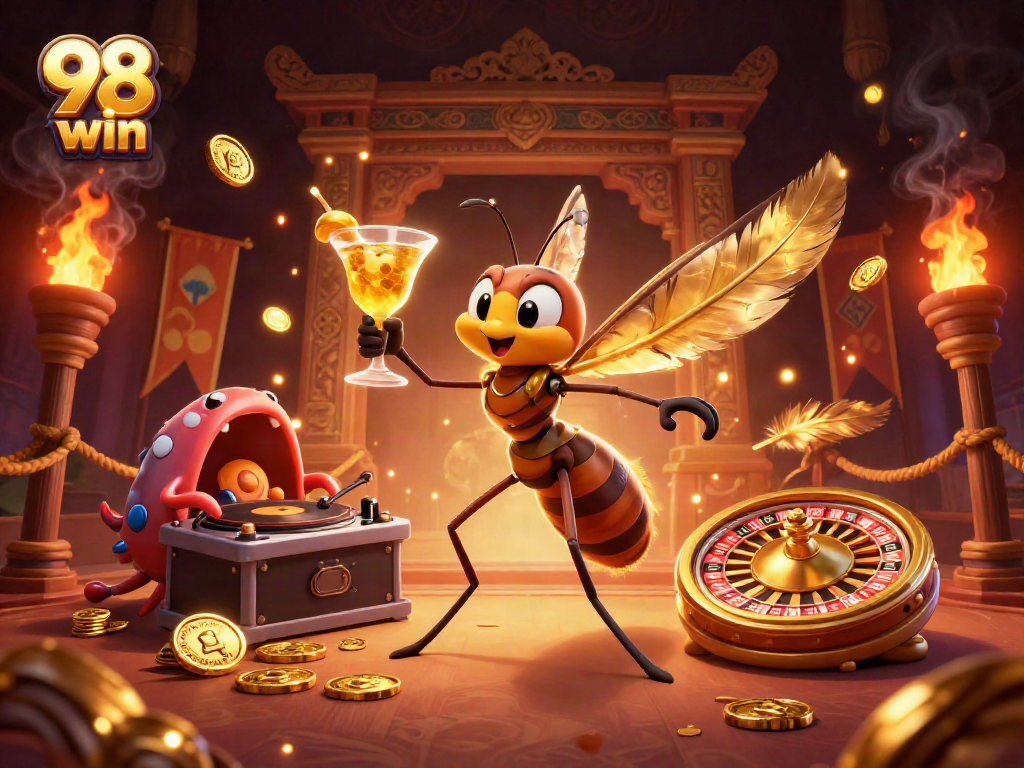 Bet on 98 win with a vibrant illustration featuring a casino mascot, DJ, and roulette wheel.