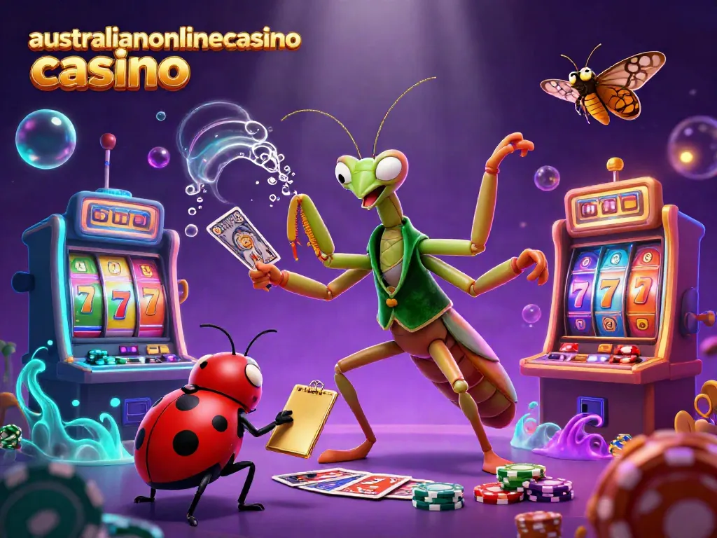 Engaging scene depicting australianonlinecasino casino with a giant praying mantis card sharp and ladybug pit boss amidst vibrant slot machine elements.