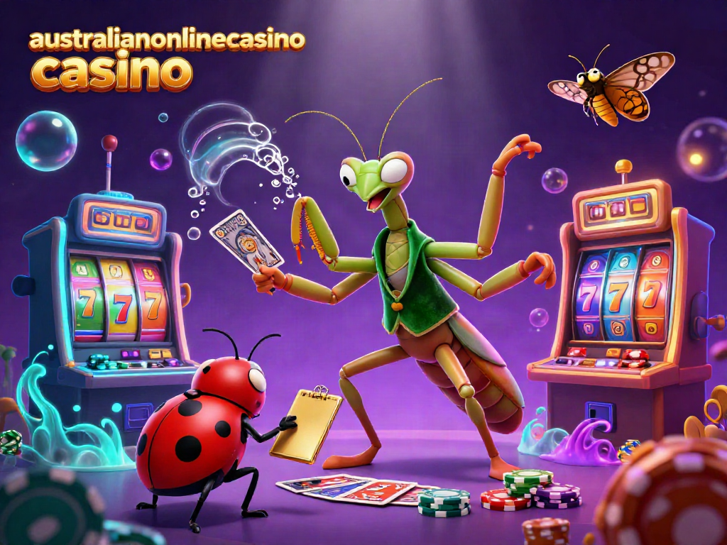 Engaging scene depicting australianonlinecasino casino with a giant praying mantis card sharp and ladybug pit boss amidst vibrant slot machine elements.