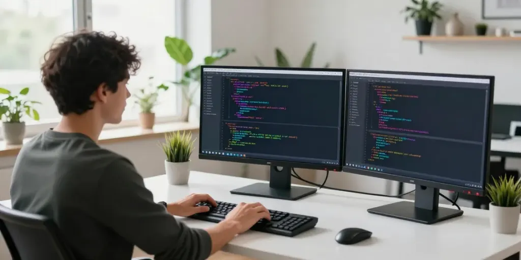 A workspace showcasing unified LLM API development with coding screens, a smartphone, and natural light.
