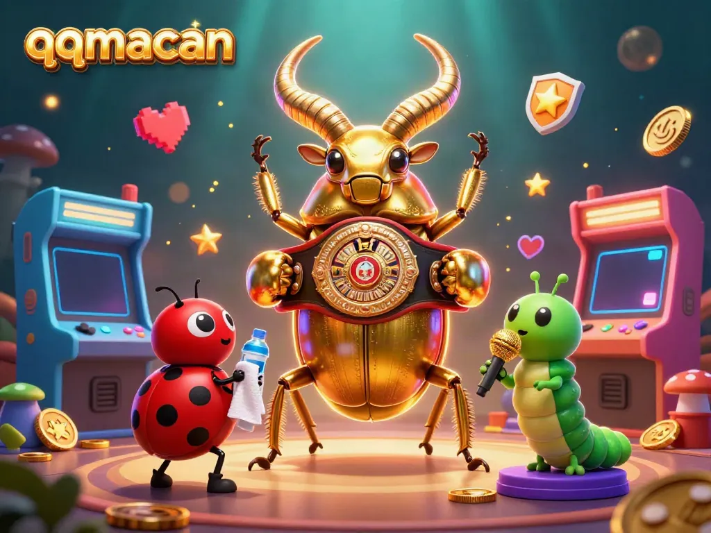 Engage in gaming excitement with qqmacan through a vibrant cartoon scene featuring characters and game elements.