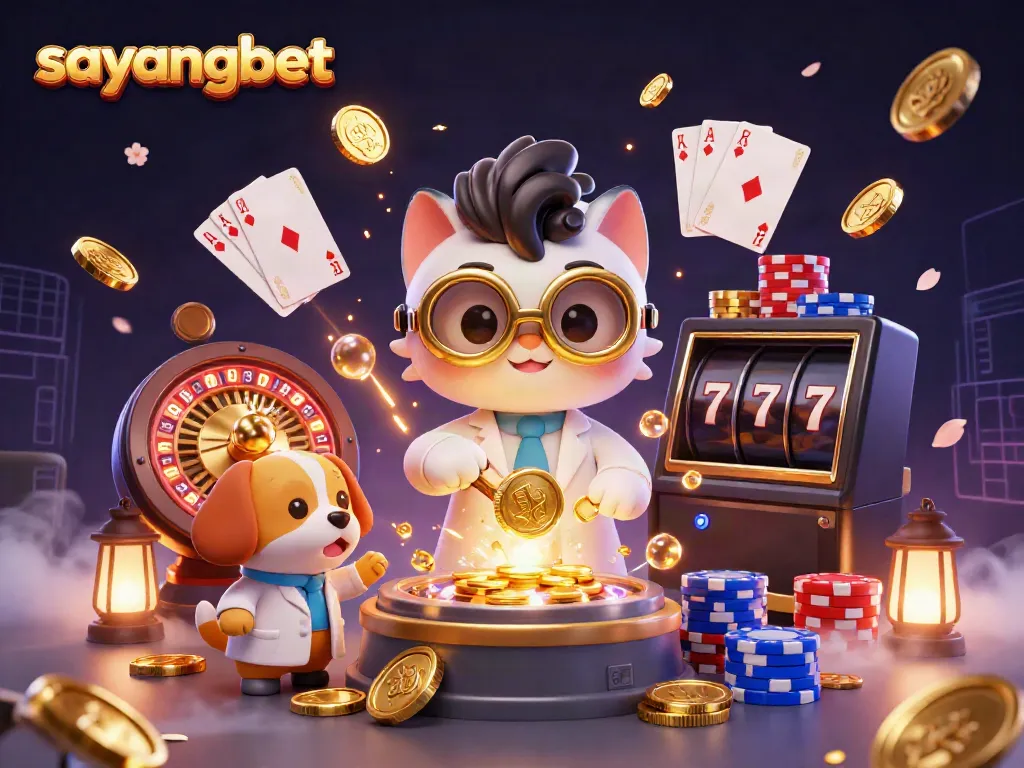 Experience the excitement of sayangbet with a vibrant cartoon scene filled with golden coins, roulette wheels, and slot machines.