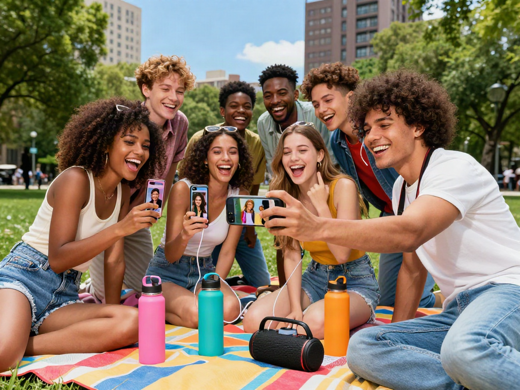 Group of friends discovering their celebrity look alike outdoors in a vibrant park setting.