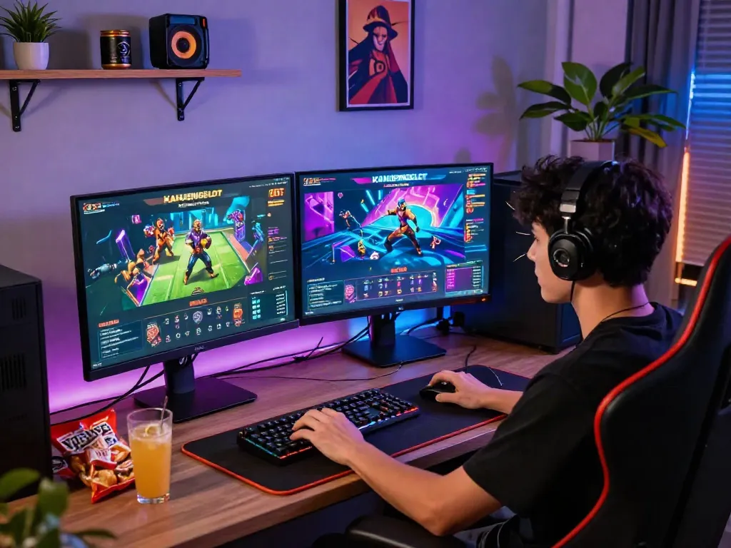Pengalaman bermain KANJENGSLOT dengan ilustrasi lingkungan gaming modern yang dinamis dan menyenangkan.