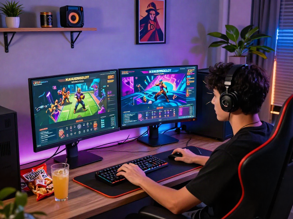 Pengalaman bermain KANJENGSLOT dengan ilustrasi lingkungan gaming modern yang dinamis dan menyenangkan.
