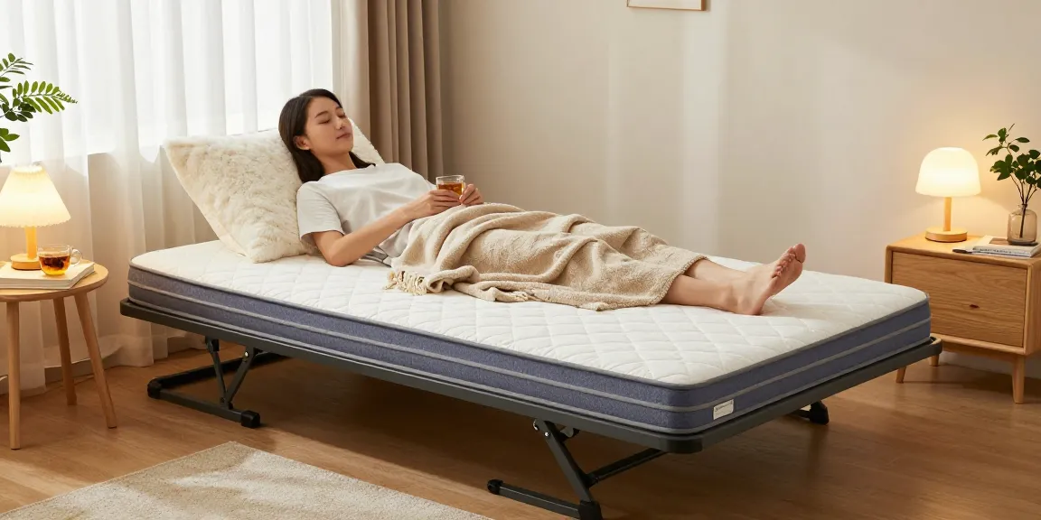 Cozy bedroom with a folding bed and mattress, inviting atmosphere with warm natural light.