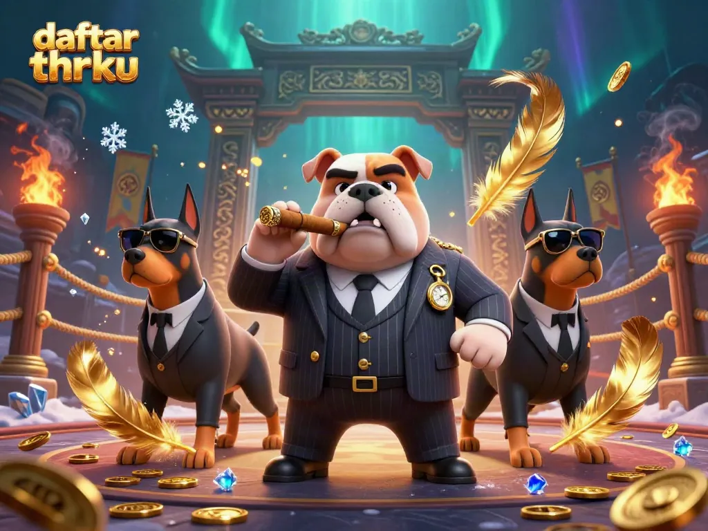 Engage with the thrilling world of daftar thrku in this vibrant casino illustration featuring a mafia boss and bodyguards.