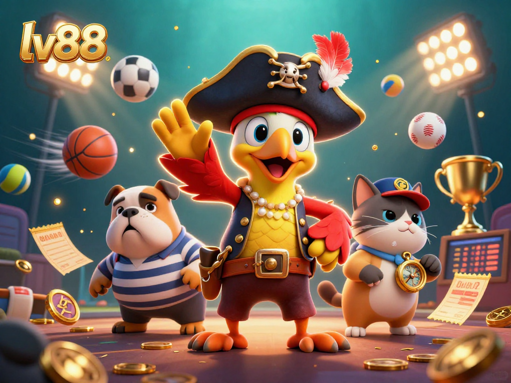 Witness the thrilling action at lv88, featuring dynamic characters and sports elements in a vibrant casino scene.