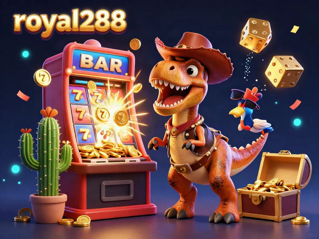 Slot mesin 3D royal288 meledak dengan koin dan simbol keberuntungan bersinar saat T-Rex merayakan jackpot.