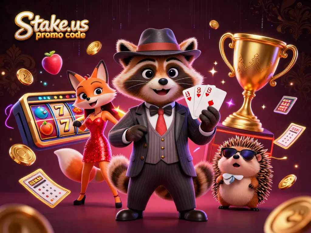 Engage with the stake.us promo code while enjoying a lively 3D casino scene featuring vibrant characters.
